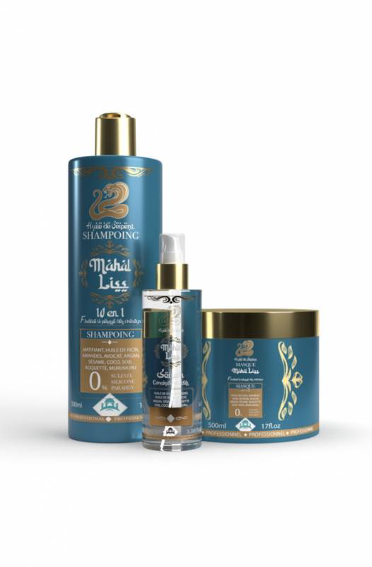 Kit entretien lissage indien Shampoing + Masque et serum Mahal Liss® Huile de serpent